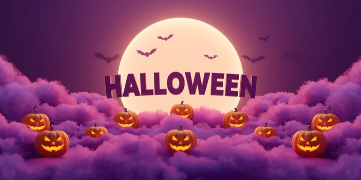 Halloween background with glowing jack o lanterns and a full moon in purple clouds