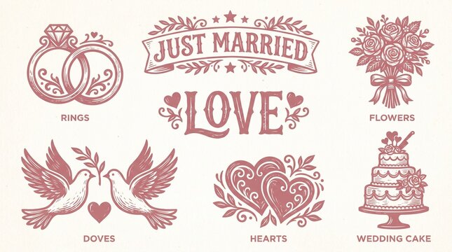 Vintage Hochzeitsgrafiken Set mit 6 Elementen, nostalgische Illustrationen f&uuml;r Einladungen, altrosa Symbole wie Eheringe und Hochzeitstorte, romantische Hochzeitsmotive im Retro-Stil