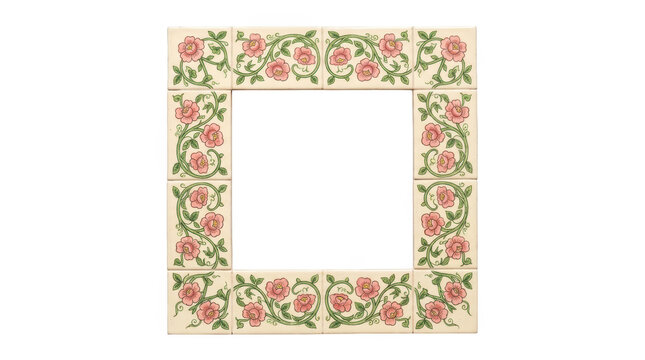 Decorative square frame made of ceramic tiles with pink floral pattern isolated on transparent background