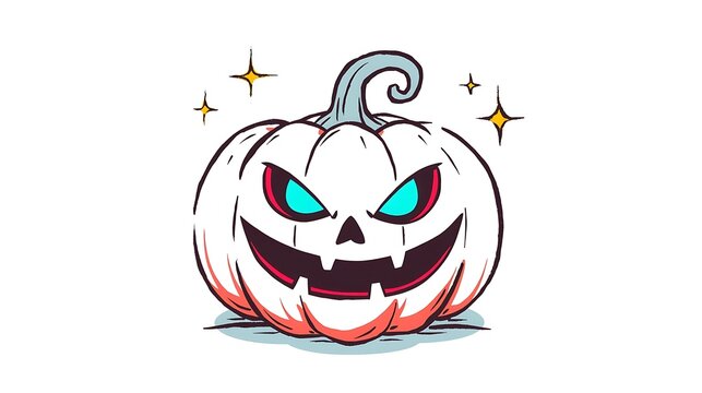 Spooky hand drawn pumpkin illustration with glowing blue eyes for a fun halloween celebration design