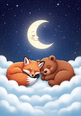 Fototapeta premium Cute fox and bear sleeping peacefully on soft white clouds under a smiling moon and starry night sky with copy space for text background, poster, fantasy, starry
