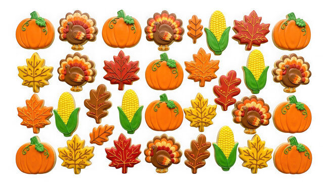 Collection of thanksgiving themed cookies isolated on transparent background