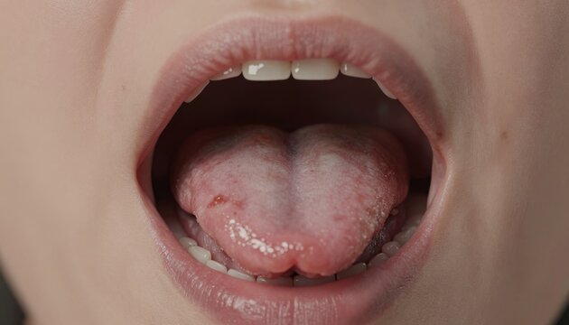 Close-up of a child's mouth and tongue showing redness