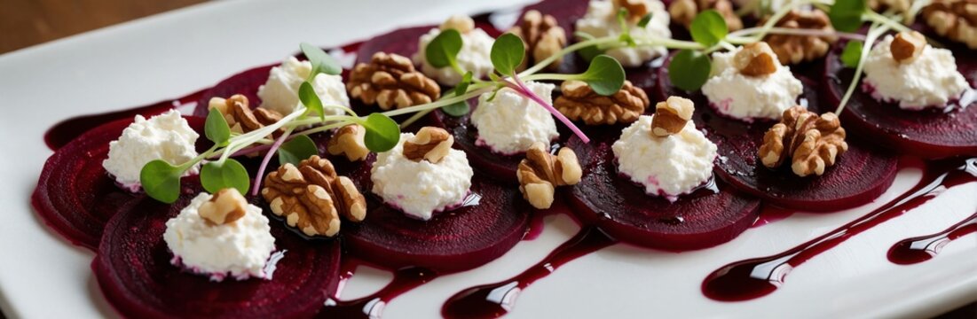 Thinly sliced red beets arranged elegantly on a white plate. Topped with soft goat cheese, crunchy walnuts, and fresh microgreens. Drizzled with sweet balsamic glaze.