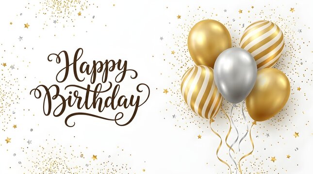 Elegant happy birthday greeting card design featuring shiny gold and silver balloons with festive confetti on a clean white background