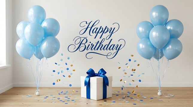 A beautiful festive scene featuring a happy birthday sign with blue balloons and a gift box on a wooden floor