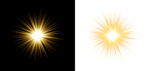 Fototapeta premium Abstract golden starburst light effect with glowing rays isolated on black and transparent background for design projects