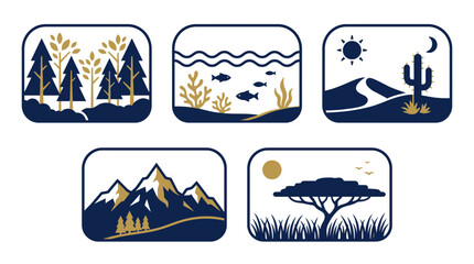 Set of 5 Diverse Ecosystem Icons: Forest, Aquarium, Desert, Mountains, Savanna © NANI