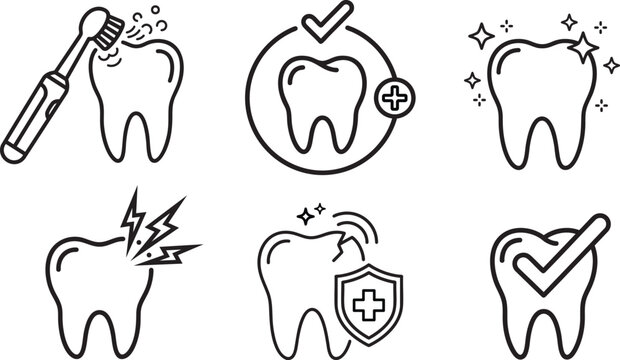 Set of dental care and tooth health line icons showing brushing protection pain hygiene with healthcare dentistry brushing protection