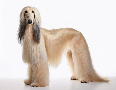 elegant cream afghan hound standing on white background