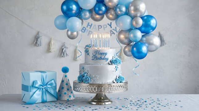 A festive happy birthday celebration setup featuring a tiered blue cake balloons gift boxes and party decorations on a table