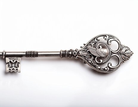 ornate silver skeleton key with bird handle on white background