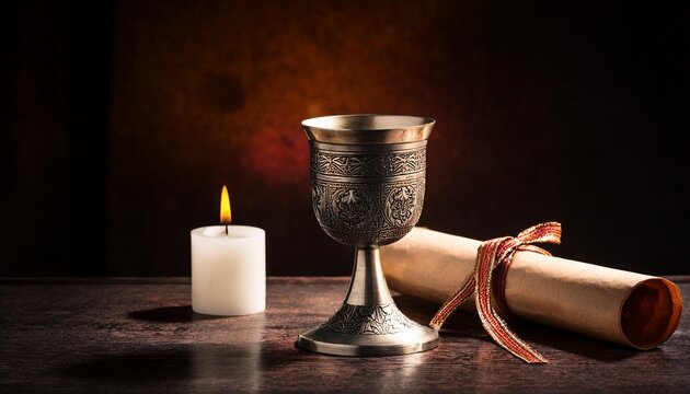 medieval silver chalice with sealed scroll and lit candle on table
