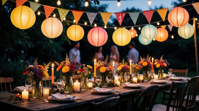 Festive garden dinner party with colorful paper lanterns, string lights over rustic wooden table. Fresh flower bouquets, burning candles decorate outdoor banquet setup for summer evening celebration.
