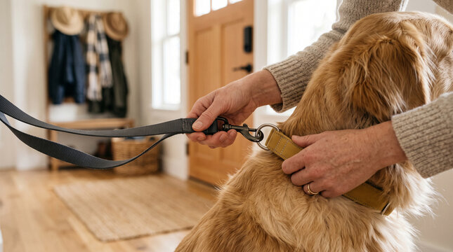 Hands clipping a leash onto a dog's collar before a walk &mdash; everyday pet owner routine and companionship concept.