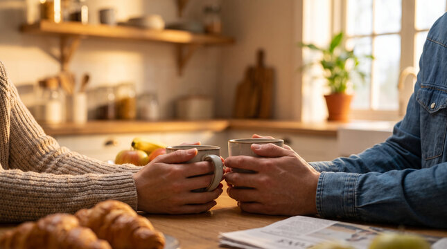 Couple's hands clinking coffee mugs at breakfast &mdash; morning togetherness and relationship bonding lifestyle concept.