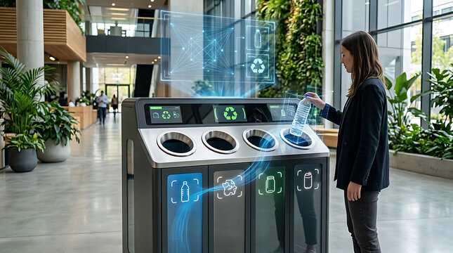 Person disposing plastic bottle into an advanced smart recycling sorting station