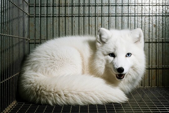 White arctic fox sits inside small iron mesh cage at industrial fur farm. Fluffy mammal looks at camera with bright blue eyes in metal box enclosure. Animal lives in captivity for clothing industry