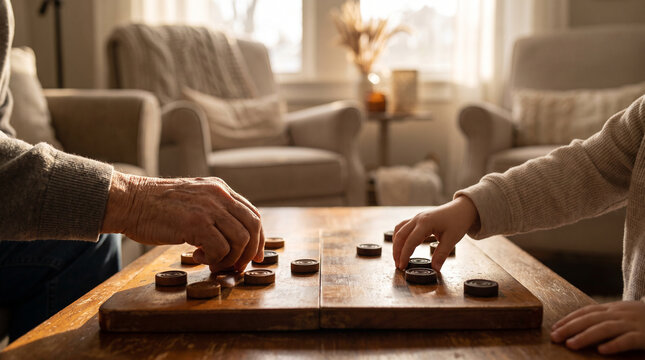 Grandparent and grandchild hands playing checkers &mdash; intergenerational family bonding and quality time concept.