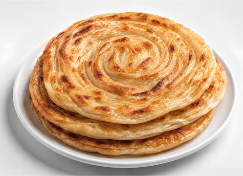 Laccha paratha stacked on white plate, flaky layered flatbread