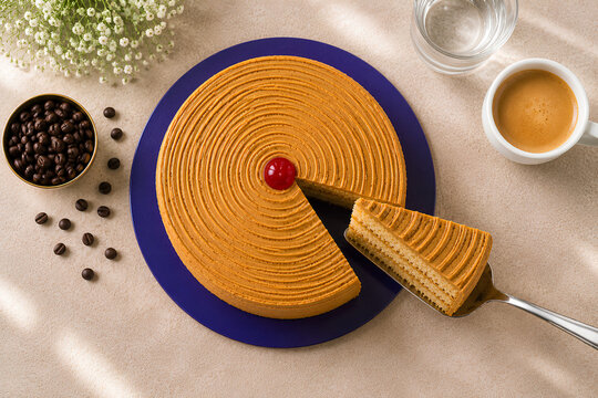 Top View Hyderabadi Coffee Layered Cake with Slice and Espresso