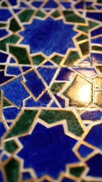 Close-up of Traditional Moroccan Zellige Tile Mosaic Pattern in Blue and Green