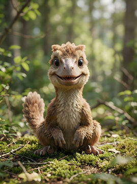 Adorable Furry Baby Dinosaur Monster Sitting and Smiling in Sunny Green Forest