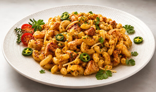 Spicy Chicken Macaroni Pasta with Jalapenos and Herbs