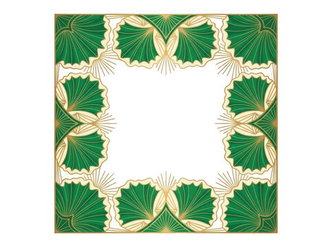 Art deco style square frame with green and gold ginkgo biloba leaf pattern isolated on transparent background