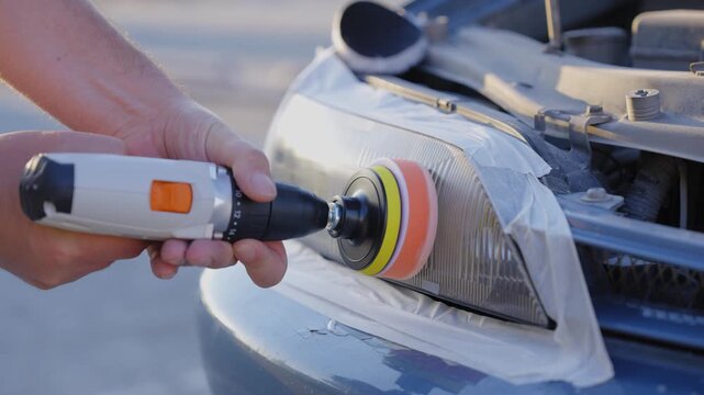 The process of polishing car headlights outdoors. 