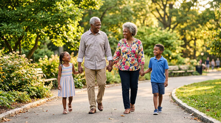 Fototapeta premium Grandparents holding hands with grandchildren while walking in the park for Parents' Day 