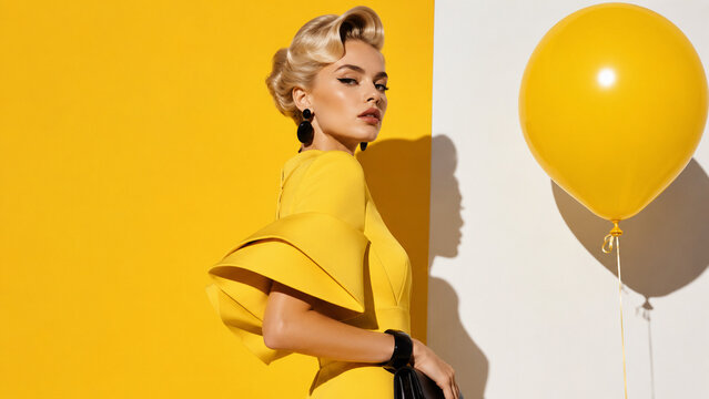 Woman in a yellow mini dress with a handbag and balloon. Ideal for fashion editorials, apparel campaigns, luxury branding, beauty ads and posters.