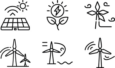 Green energy icons solar panel wind turbine clean power generation and sustainability concept symbols for renewable resources and environment. © MDTANVIR
