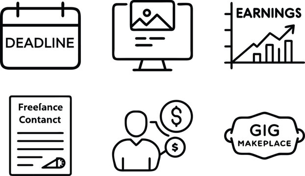 Icons representing freelance work, gig economy, and financial concepts including deadlines, earnings, contracts, and payment with currency symbols.