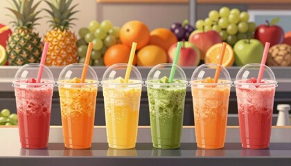 Fototapeta premium Fresh Fruit Smoothies in Clear Plastic Cups Lined Up