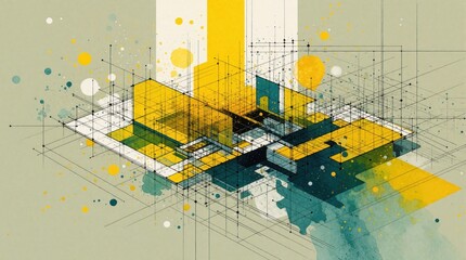 Obraz premium Abstract technical drawing showing geometric shapes, blueprints with yellow green ink splashes. Modern industrial structure outline combines lines dots grids building plan sketch style. Creative