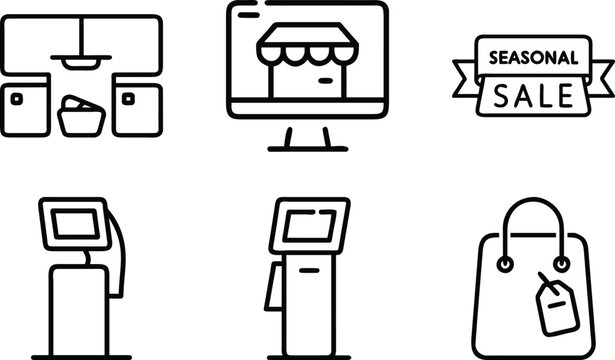 Set of modern line icons for retail and shopping, including online store, sale banner, and self-service kiosks.