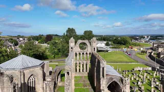 Professional Aerial Video of Elgin Cathedral, Magnificent 13th-Century Medieval Gothic Landmark Overlooking the Historic Cemetery and Elgin, Moray, Scotland, United Kingdom
