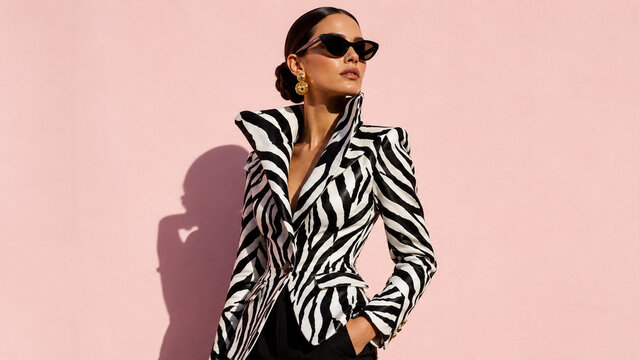 Woman in a zebra jacket and black sunglasses. Ideal for fashion editorials, eyewear campaigns, luxury branding, beauty ads and posters.
