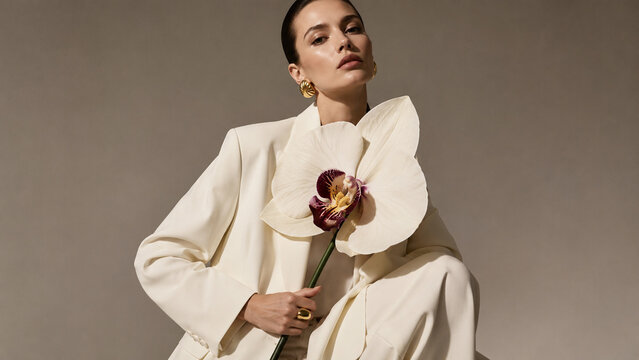 Woman in a white tailored suit holding a calla lily. Ideal for fashion editorials, bridal campaigns, luxury branding, floral ads and posters.