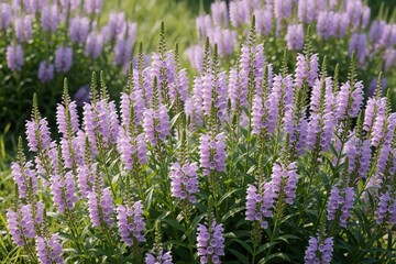Obraz premium Field of purple obedient plant flowers bloom in summer. Physostegia virginiana blossoms have tall spikes with many small blooms. Green stems and leaves support the vibrant floral display.