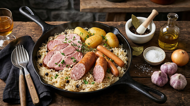 Hearty german sauerkraut with sliced sausages and pork belly in a cast iron skillet on a dark wooden table, overhead view
