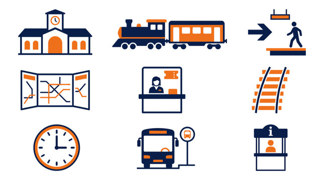 Train Station Icons: Travel, Transport, Tickets, Map, Clock, Bus, Information