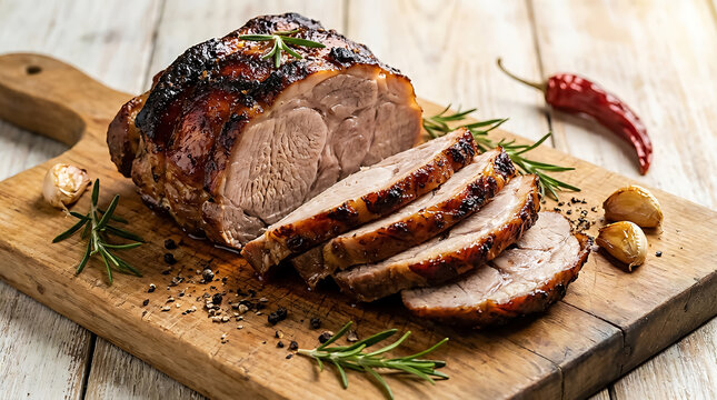 Roasted pork loin sliced on a wooden cutting board with fresh rosemary sprigs garlic cloves and chili pepper on a rustic white wooden table