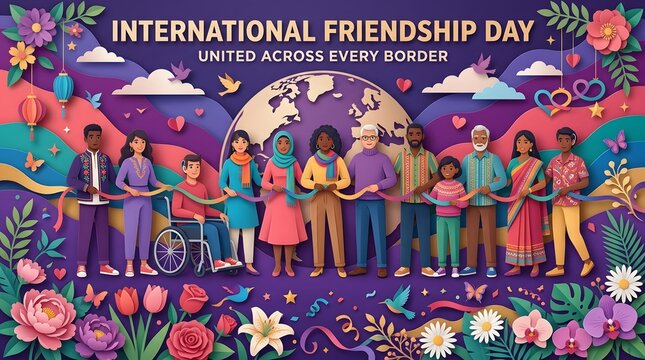 Diverse People Holding Hands Around Globe Papercut Illustration