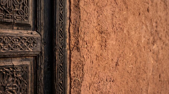 Edge of a carved traditional wooden door next to a rustic terracotta mud wall