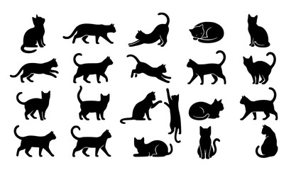 Black cat kitten feline animal silhouette collection with cute poses CAD flat vector illustration © Jahangir