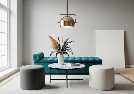 Modern living room with emerald green sofa plush ottomans and contemporary coffee table