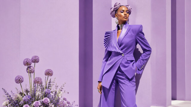 Fashion portrait of a woman in an oversized lavender suit beside a purple floral arrangement. Ideal for editorials, luxury campaigns, fashion advertising and social media.
