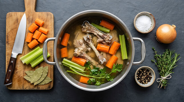 Beef bone broth ingredients with carrots, celery, onions, herbs, and peppercorns on a dark slate surface with a wooden cutting board and knife
